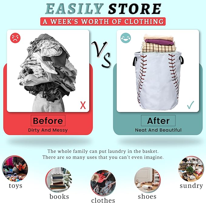 Baseball Texture Pattern Laundry Basket Foldable With Handles Tote Bag Oxford Cloth Funny Laundry Hamper Clothes Storage Bucket Toy Organizer 18.9" x 16.5" For Bathroom/Laundry/Bedroom