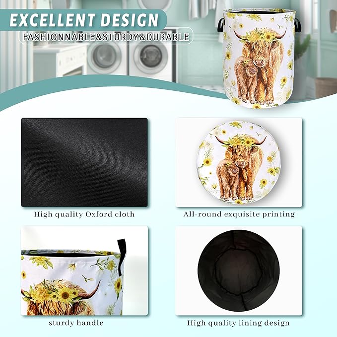Highland Cow Laundry Hamper Sunflower Flowers Laundry Basket With Handles Foldable Oxford Cloth Colorful Tote Bag Clothes Toy Storage Bucket 8.9" x 16.5" For Bathroom/Laundry/Bedroom