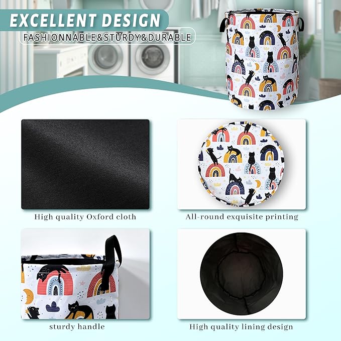 Boho Rainbow Cute Cats Laundry Basket Foldable With Handles Tote Bag Oxford Cloth Funny Cat Laundry Hamper Clothes Storage Bucket Toy Organizer 18.9" x 16.5" For Bathroom/Laundry/Bedroom