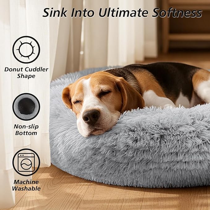 JOLLYVOGUE Small Dog & Cat Beds for Indoor Cats, Donut Cuddler Warming Soft Dog Beds with Anti-Slip Bottom, Round Calming Fluffy Plush Faux Fur Cushion Bed for Small Dogs (20", Smoke Grey)