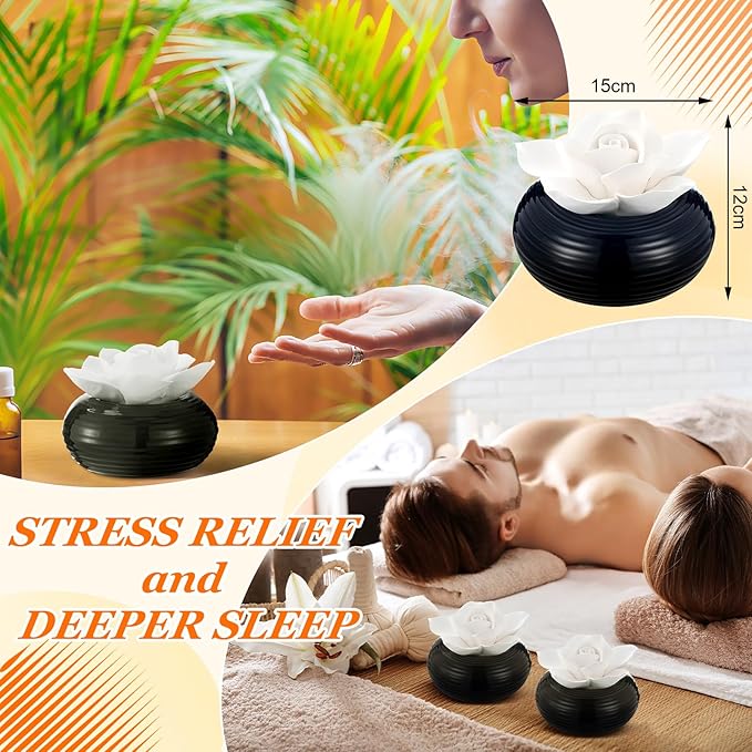 Honeydak 3 Pcs Flower Passive Essential Oil Diffuser Stone White Ceramic Porcelain Floral Diffuser with Container Non Electric Handmade Decorative Tabletops Home Decoration Christmas (Camellia)