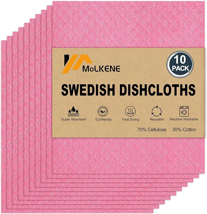 Swedish Dishcloths - 10 Pack Reusable Kitchen Dishcloths - Ultra Absorbent Dish Towels for Washing Dishes - Cellulose Sponge Cloth Cleaning Cloths - Pink