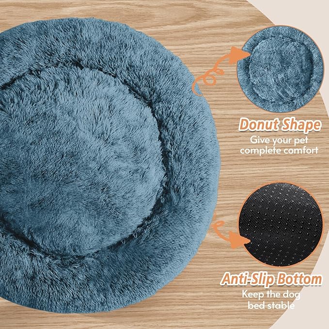 JOLLYVOGUE Small Dog & Cat Beds for Indoor Cats, Donut Cuddler Warming Soft Dog Beds with Anti-Slip Bottom, Round Calming Fluffy Plush Faux Fur Cushion Bed for Medium Dogs (27", Blue)