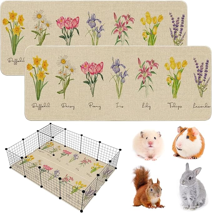 Hamiledyi Guinea Pig Cage Liner 2 Packs Reusable Guinea Pig Pee Pads with Flower Pattern Washable Small Animal Mats for Rabbit Hamster Chinchilla Rat and Other Small Pets (47" L x 16" W)