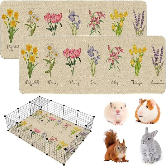 Hamiledyi Guinea Pig Cage Liner 2 Packs Reusable Guinea Pig Pee Pads with Flower Pattern Washable Small Animal Mats for Rabbit Hamster Chinchilla Rat and Other Small Pets (47" L x 16" W)