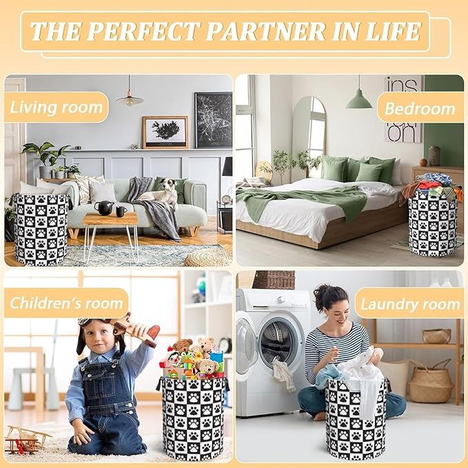 Black And White Dog Paws Laundry Hamper Bag With Waterproof Liner - Checkered Round Laundry Basket Foldable Clothes Storage Organizer For Bathroom Bedroom Nursery Dorm, S-16.5"X 13.8"