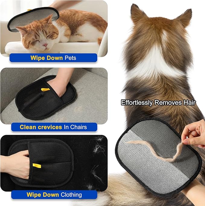 4PCS Professional Pet Hair Remover Glove Set, Black Mesh, Grooming Brush with Silicone Tips, for Dogs and Cats (3-Pack Gloves + 1 Brush)