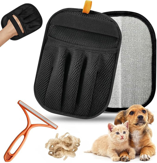 3 pcs Pet Hair Removal Glove for Dogs and Cats (2 Pack Mit, 1 Lint Scraper) - Electrostatic Fur Remover, Magic Brush Pet Hair Remover Tool for Laundry, Cloths, Carpet, Car Mats, Sofa & Bedding