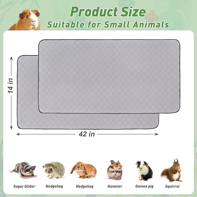 2 Pack Guinea Pig Cage Liners, 14'' X 42'' Washable Guinea Pig Pee Pads, Non Slip Reusable Super Absorbent Guinea Pig Training Mat Bedding Fleece for Small Animals Hamster Rabbit Chinchilla Rat