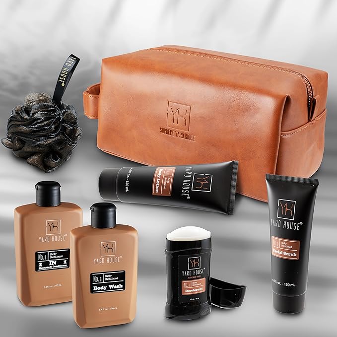 Luxury Mens Bath and Body Gift Set Basket For Him - Smoky Sandalwood - All Natural Skin Care Kit For Men w. Full Size Body Wash, Facial Scrub, Body Lotion, Deodorant in Leather Toiletry Bag