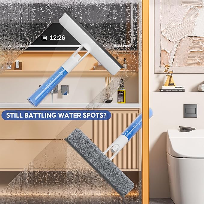 3 in 1 Window Cleaning Scraper with Spray, Glass Squeegee with Removable Hook-and-Loop Cloth for Easy Scrubbing and Streak-Free Cleaning