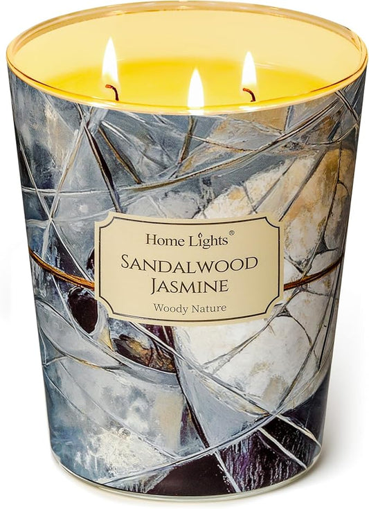 HomeLights Soy Wax Candles for Home Scented, 3-Wick Candles in Sandalwood Jasmine Scented, Industrial Chic Aromatherapy Candles Gift for Parties, Relaxing, 34oz