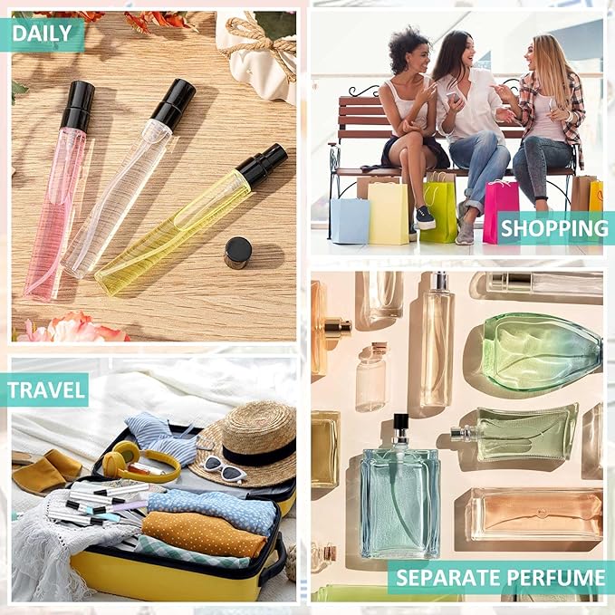 Zhehao 50 Pcs Mini Spray Bottles 10 ml Clear Glass Perfume Bottles Refillable Fine Mist Perfume Atomizer Portable Empty Sample Containers for Cleaning, Essential Oils, Travel (Black Cap)