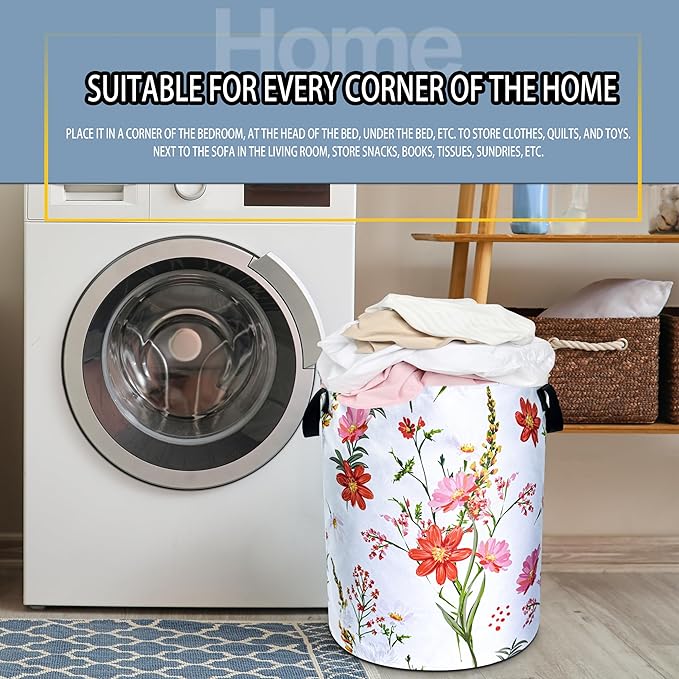 Beautiful Flowers Laundry Basket Pink Red Floral Foldable Oxford Cloth Funny Tote Bag Laundry Hamper Clothes Storage Bucket Toy Organizer For Bathroom/Laundry Storage/Bedroom 18.9x16.5 Inch