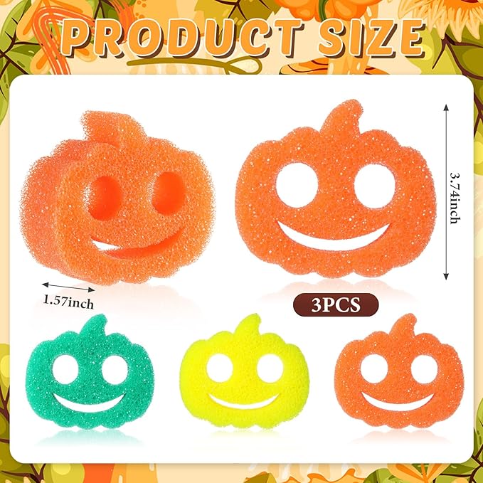 3 Pcs Dual Sided Scrub Sponge Multi Functional Cute Temperature Sensitive Non Scratch Dish Sponge for Washing Dishes Kitchen Bathroom (Thanksgiving Pumpkin,Orange, Yellow, Green)