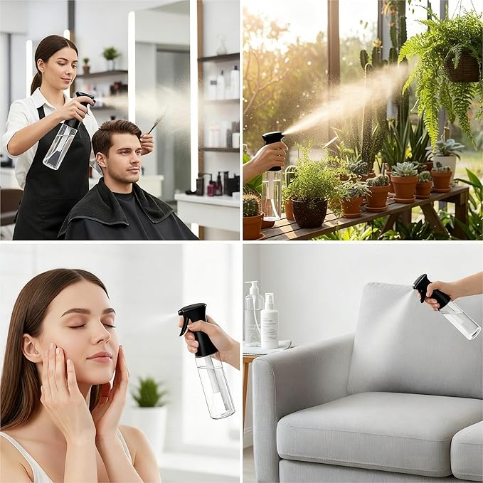Spray Bottle for Hair, SkinCare, Planting, Showering Pets, Travel, Cleaning &Home, Empty Ultra Fine Mist hair spray bottle for Styling, Water Mister, Refillable(300ml/10.1 oz)(Black)