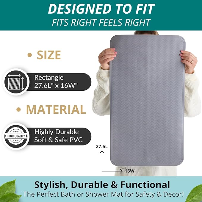 ENKOSI Non Slip Bath Mat for Tub and Shower Floors – Anti Slip Shower Mat with Secure Suction Cup Grip – Soft Grey Bathtub Mat for Inside Bath Tub and Smooth Bathroom Stalls (28x16 Gray)