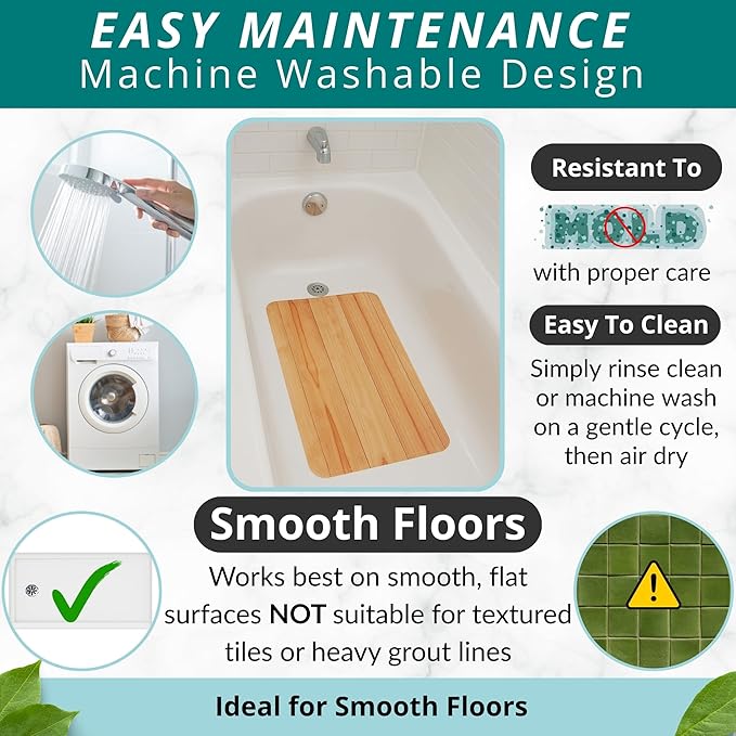 ENKOSI Bath Mat for Tub and Shower Floors - Non Slip Shower Mat – Anti Slip Bathtub Mat with Strong Suction Cup Grip – Soft, Wood Design Bathroom Mat for Inside Bath and Showers (28x16 Wood Teak)