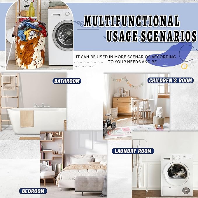 Vintage Cows Pattern Laundry Basket Foldable Cow Brown Cowhide Laundry Hamper With Handle Oxford Cloth Clothes Storage Organizer Basket 18.9"x16.5" Laundry Bag For Laundry Room/Bedroom/Bathrooms