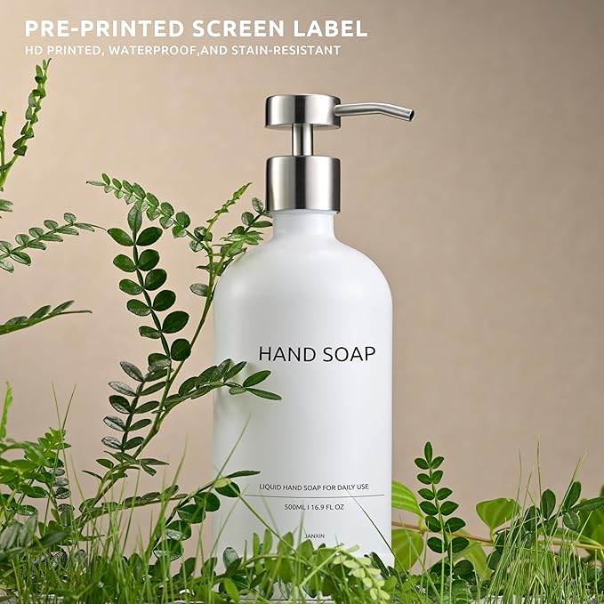 Glass Soap Dispenser Set by Janxin,Bathroom Soap Dispenser Set with Ceramic Tray,Luxury Bathroom Accessories,Modern Kitchen Decor (White+Silver(Hand Soap))