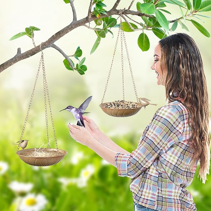 2 Pack Hanging Bird Bath for Outside, Metal Birds Feeder & Water Bowl with Chains and S-Hooks,Birdbath Hanging for Outdoors Bird Feeder Seed Tray Garden Yard Decor (Rustic Gold)