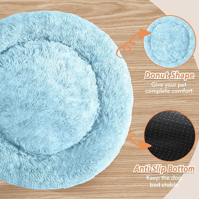 JOLLYVOGUE Small Dog & Cat Beds for Indoor Cats, Donut Cuddler Warming Soft Dog Beds with Anti-Slip Bottom, Round Calming Fluffy Plush Faux Fur Cushion Bed for Large Dogs (36", Light Blue)