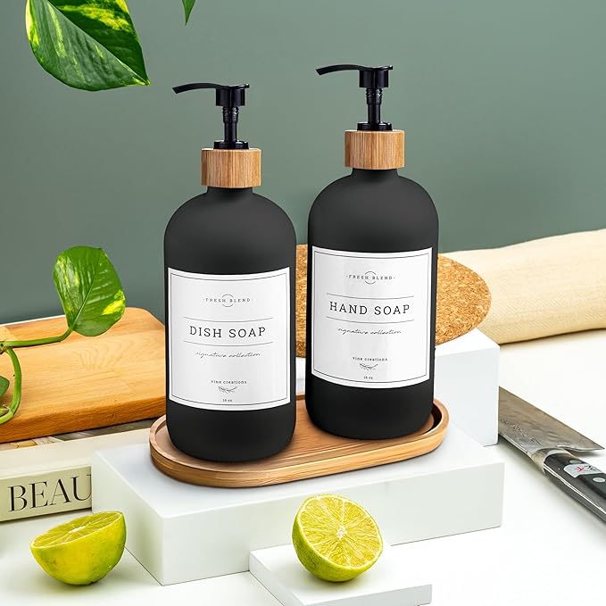 Vine Creations Glass Soap Dispenser Set - Kitchen Soap Dispenser Set with Tray - Bamboo Dish Soap and Hand Soap Dispensers Set for Bathroom - Black Kitchen Decor with Waterproof Labels