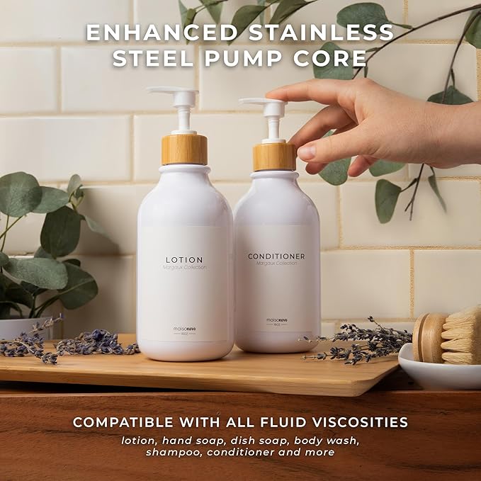 Maisonovo Plastic Soap Dispenser Set | Hand Soap and Dish Soap Dispenser Set | 16.9oz Amber Bottles with Black Bamboo Pump | Bathroom Lotion Dispenser with Pump Set of 2