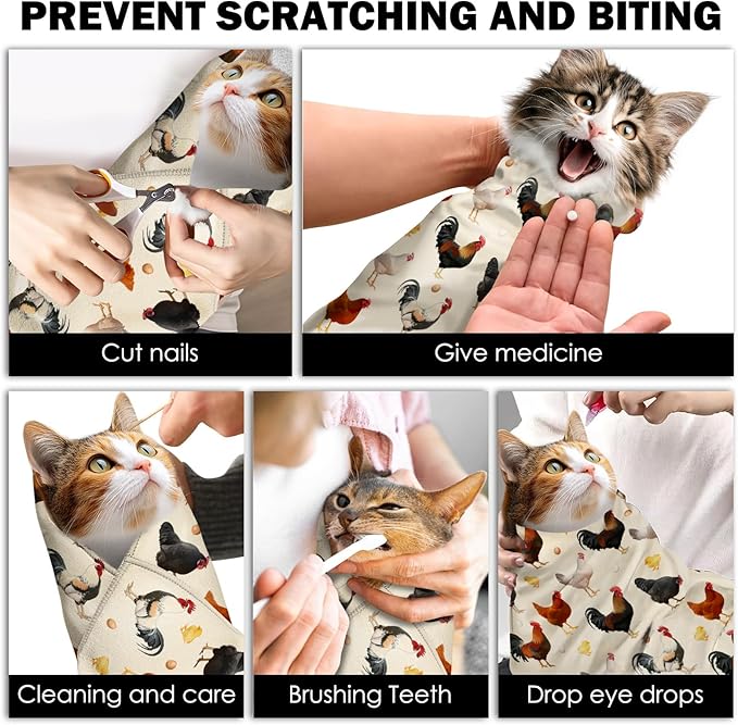 27.6" Cat Grooming Wrap, Self Adhesive Cat Wrap for Cutting Nails, Anti-Escape Cat Swaddle Wrap for Medicine Ear Cleaning, Chicken Anti-Scratch Cats Burrito Restraint Blanket, Pet Tool (6-10 lbs)