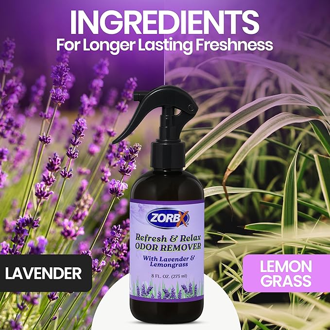 ZORBX Refresh & Relax Odor Remover Spray with Lavender & Lemongrass 8 Oz (Pack of 2) – Permanent Solution Room Freshener & Air Freshener Spray for Home, Bathroom, Furniture, Carpet, Car, Gym & Laundry
