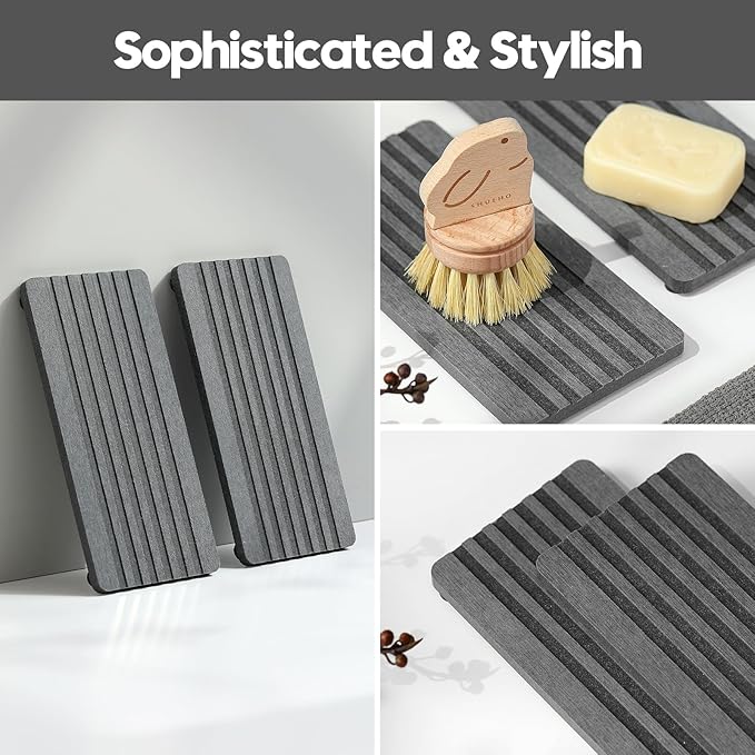 2PCS Diatomite Quick Stone Drying Tray Mat For Bathroom & Kitchen Counter, Instant Dry Water Absorbent Drink Bar Coaster,Vanity Sink Caddy Organizer,Dish Soap Sponge Holders, Charcoal,8"x3.8"