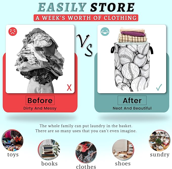 Black White Baseball Pattern Laundry Basket Foldable Oxford Cloth Baseball Laundry Hamper With Handle Portable Clothes Storage Basket 18.9 X 16.5 Inch Storage Bag For Laundry Room/Bathroom/Bedroom