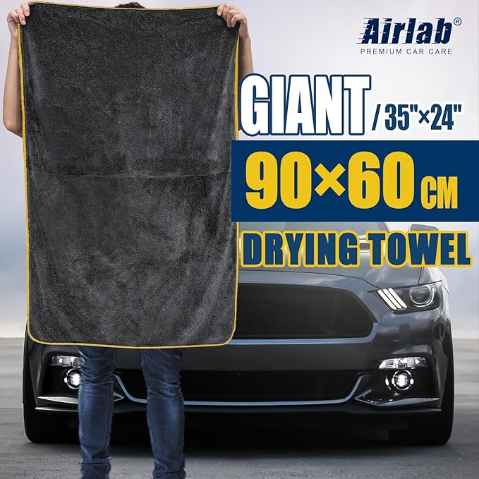 Airlab Microfiber Towels for Cars Wash Drying Extra Large Super Absorbent Cleaning Cloth Auto Detailing Ultra Soft, Lint-Free, Streak-Free, 35 x 24 Inch, Pack of 1, Grey-Yellow, 600 GSM