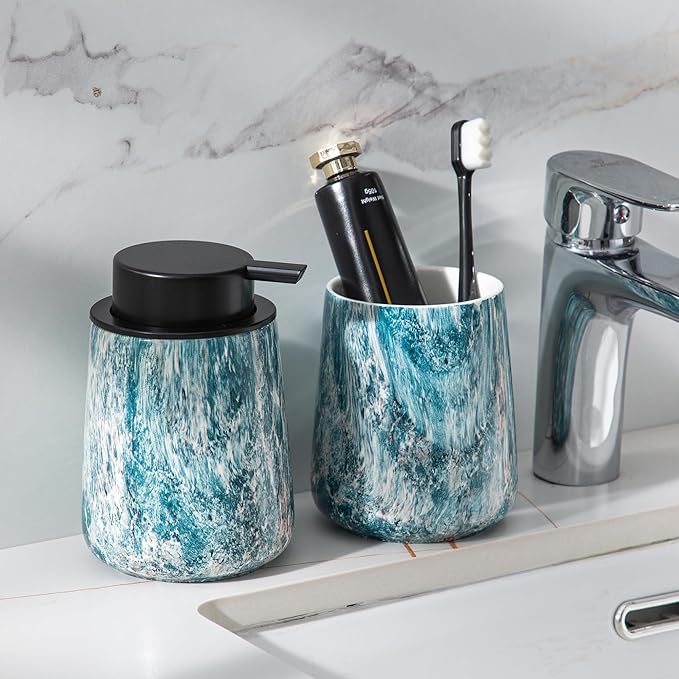 Enra Ceramic Foam Soap Dispenser, 12 oz Blue Foaming Soap Dispenser for Bathroom & Kitchen with Easy-to-Press Silver Pump