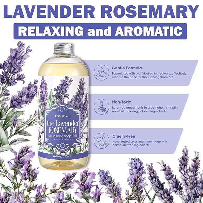 ROMIIE ZOI Liquid Hand Soap Refill Gift Set-3 Pack, Cruelty-Free and Biodegradable Formula, Moisturizing Hand Wash with Essential Oil for Sensitive Skin,Lavender Rosemary Scent,(26 Fl Oz x 3)