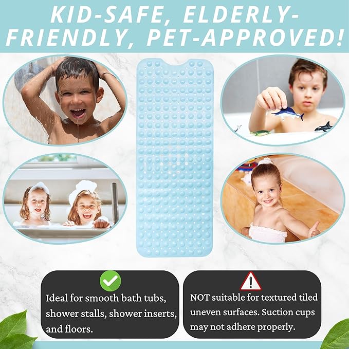 ENKOSI Bath Mat - Large Non Slip Bathtub & Shower Mat - Extra Long 40 x 16 Inch Bathroom Mats for Tub Nonslip Anti Slip Bathmats (40x16 Light Blue 1-Pack)