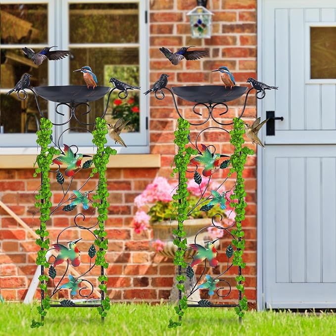 hogardeck 2 Pack 35” Metal Bird Bath with Garden Trellis for Climbing Plants Outdoor, Vintage Detachable Decorative Birdbath Bowl, Metal Plant Support for Climbing Flowers