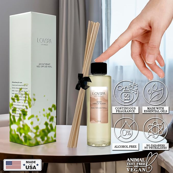 LOVSPA Warm Vanilla Sugar Diffuser Oil - Luxury Essential Oils for Diffuser Refill & Air Freshener Room Spray - Long-Lasting & Natural Home Fragrance, Scented Oil for Diffusers, USA Made, 4oz