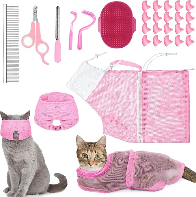 9 Pcs Cat Bathing Bag Set Cat Shower Bag Anti Bite and Scratch for Pet Grooming Washing Brush Comb Muzzle Nail Clipper Nail File Tick Tool(Pink)