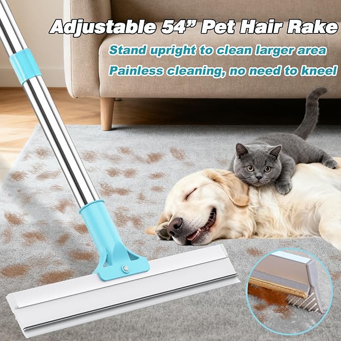 Hotsky Carpet Rake for Pet Hair Removal,3 in 1 Reusable Silicone Carpet Broom,54 inch Adjustable Cat Dog Hair Remover Tool with Lint Scraper and Patented Design for Rugs,Mats,Sofas,Floors