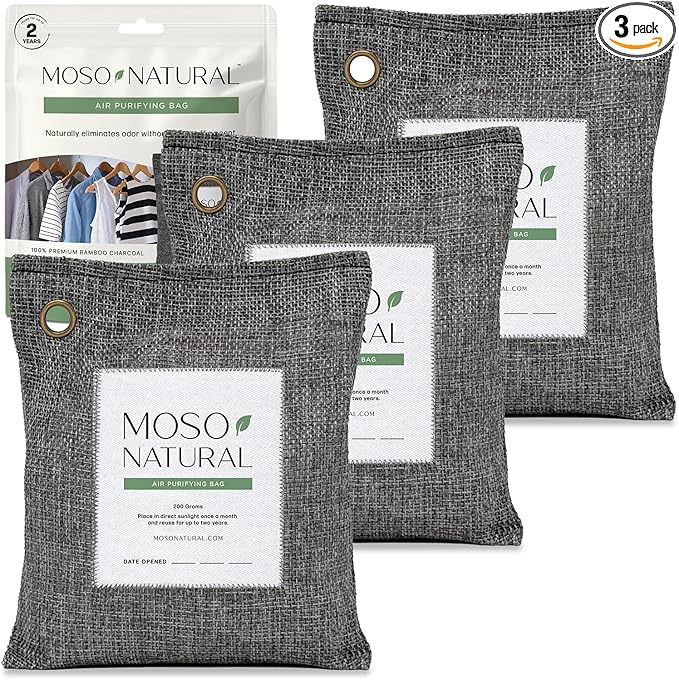 Moso Natural Air Purifying Bag 200g (3 Pack) Bamboo Charcoal Odor Absorber for Home & Car | Closet Odor Eliminator, Small Room Deodorizer & Car Air Freshener | Long Lasting Charcoal Bags Cover 90sqft