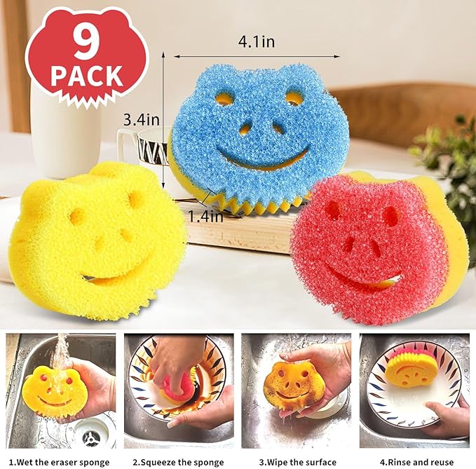 SmilePowo 9 Pack Scrub Sponge, Dual-Sided Temperature Controlled Kitchen Sponge for Dishes,Cute Frog Scrub Sponges Household Cleaning Pads Bathroom Wall Cleaner Multi-Functional Cleaning Sponges