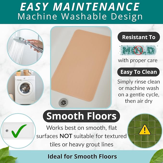 ENKOSI Bath Mat for Bathtub and Shower Floors - Non Slip Shower Mat – Anti Slip Tub tub Mat with Strong Suction Cup Grip – Soft, Beige Bathroom Mat for Inside Baths and Showers (28x16 Beige)