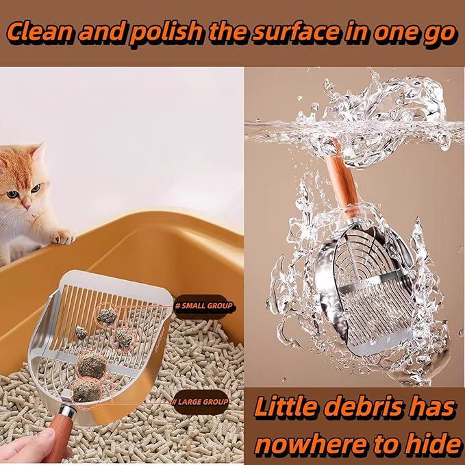 Heavy Duty Aluminum Alloy Cat Litter Scoop with Stand | Beech Wood Grip + Long Handle for Comfort | Deep Sifter for Fast, Efficient Poop/Litter Cleaning | Durable for Litter Box (Black Long Strip)