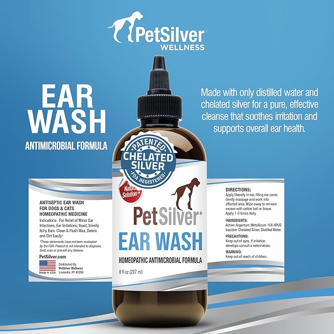 PetSilver Dog Ear Cleaner Solution – Gentle Ear Wash for Dogs and Cats with Chelated Silver – Otic Rinse Formula Targets Wax Buildup, Smelly Odor, and Itchy or Irritated Areas - Made in USA - 8 fl oz