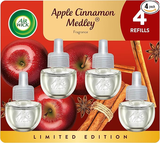 Air Wick Plug In Scented Oil Refill, Infused with Essential Oils, Plug In Air Fresheners for Home, Fall Scent, Fall Décor, Apple Cinnamon Medley, 4 ct