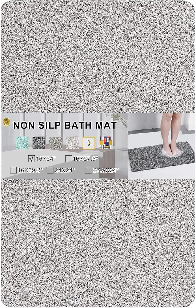 Nonslip Bathtub Mat, Anti Slip Bath Mat 0.6" Extra Thick, Quick Dry Bath Tub Anti Slip Shower Mat, Loofah Non-Slip Bath Mat for Tub Bathroom Pool Kitchen Entryway Home Hotel(Light Gray 16x24)