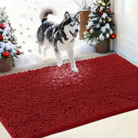 IM HOME Chenille Absorbent Outdoor Doormat 60" x 36", Washable Muddy Door Mats for Dog Non Slip Indoor Doormat Soft Front Inside Doormats for Entryway, Mud Dog Paws, Patio Red Burgundy