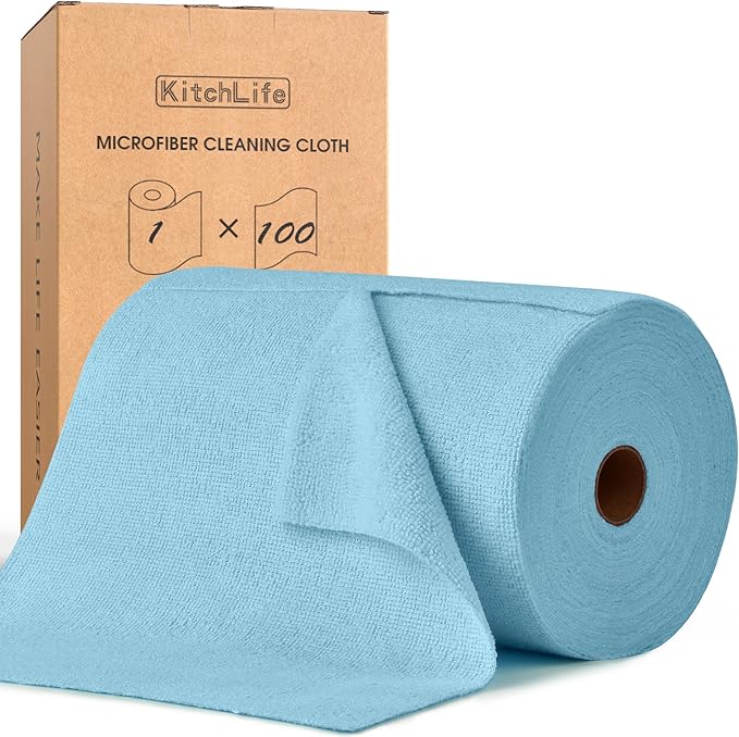KitchLife Microfiber Cleaning Cloth Roll, 100 Pack - Tear-Away Microfiber Paper Towels, Lint-Free, Reusable, Washable for Kitchen, Car, Dishes, and Sensitive Surfaces (Blue)