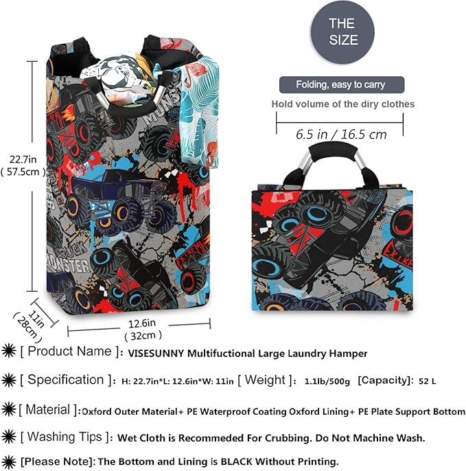 visesunny Large Capacity Laundry Hamper Basket Monster Truck Car Pattern Oxford Cloth Storage Baskets for Bedroom, Bathroom, Dorm, Kids Room